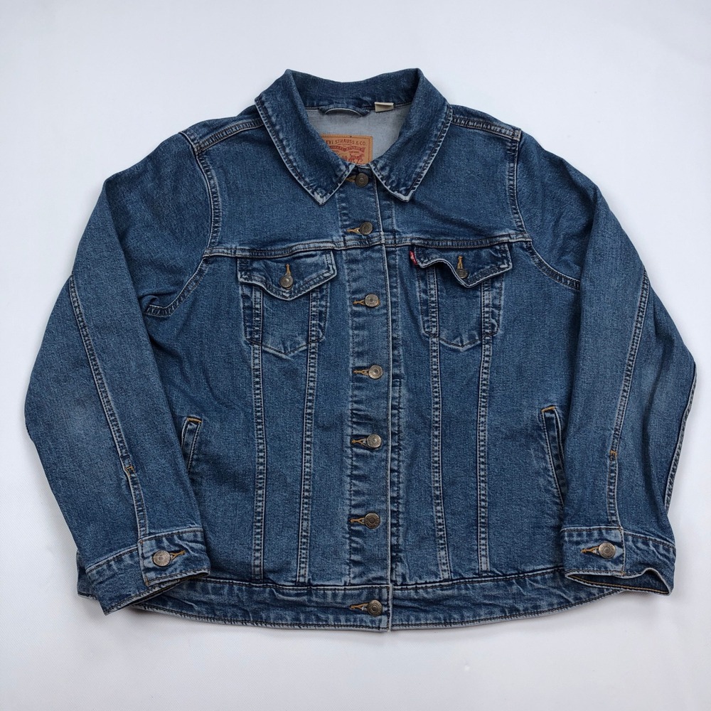 Levis Womens Denim Jean Trucker Jacket Plus Size 2X Medium Wash Blue Stretch